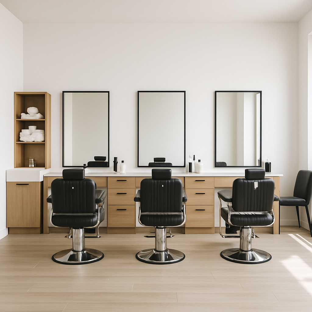 Wide interior shot of a tidy barber shop highlighting stations and hot towel area to convey cleanliness and professionalism.