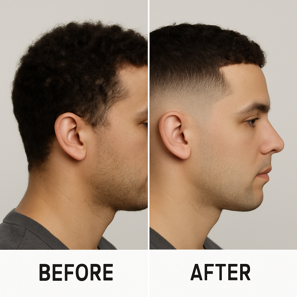 Before and after of a fade haircut showing a clean transformation with neutral background.