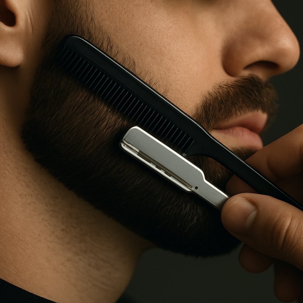 Close-up of a beard line-up with razor and comb highlighting precise shaping and clean edges.