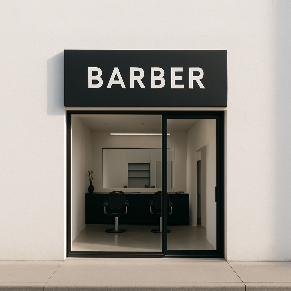 Minimalist barber storefront with clean black-and-white signage and visible interior, conveying a professional grooming space.