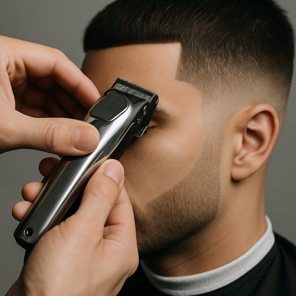 Close-up of clippers shaping a fade haircut, highlighting precision and clean hairline.